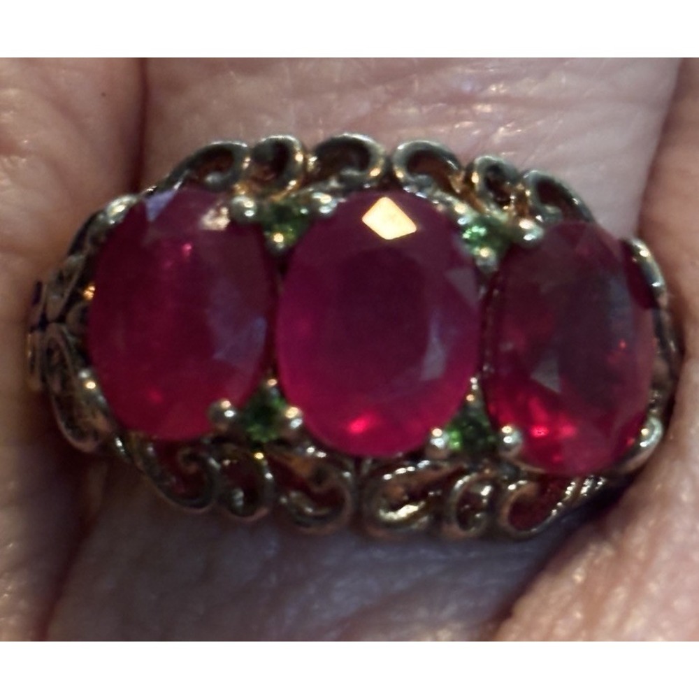 STS Sterling Silver 3 Stone Genuine Ruby Ring, Oval Cut Size 7.25